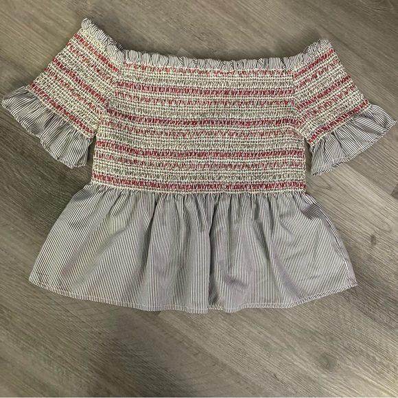 Style Envy Tops - Style Envy striped smocked embroidered off the shoulder crop top